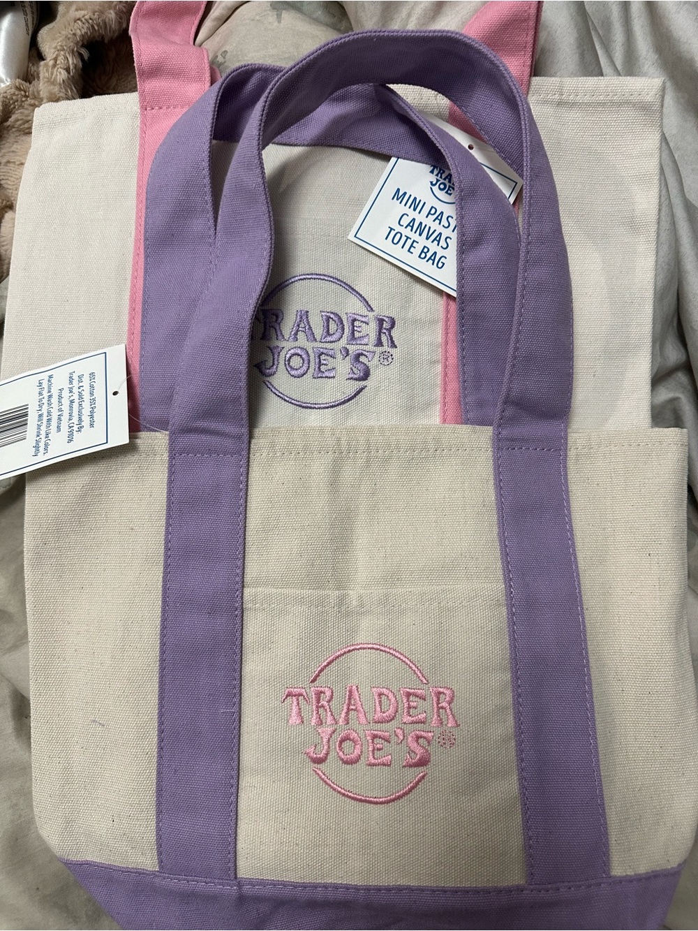 Two Trader Joe’s mini Canvas Tote Bag - Lavender  and pink